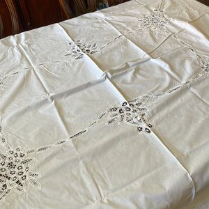 White cotton Batternburg lace  68” x 82” tablecloth